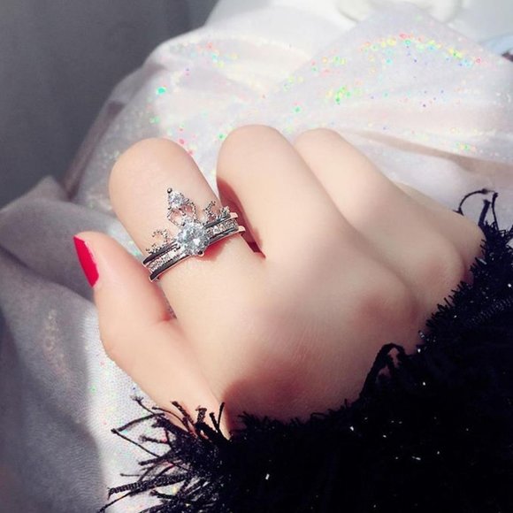 NEW 2PC 925 Silver Diamond Crown Resizable Ring - Picture 9 of 9